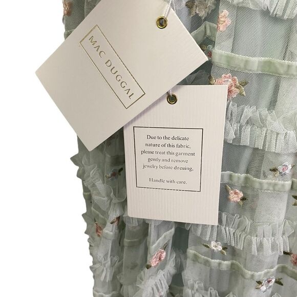 Mac Duggal Tiered Ruffle Cross-Back Smock-Waist Floral Embroidered Gown - Picture 7 of 12